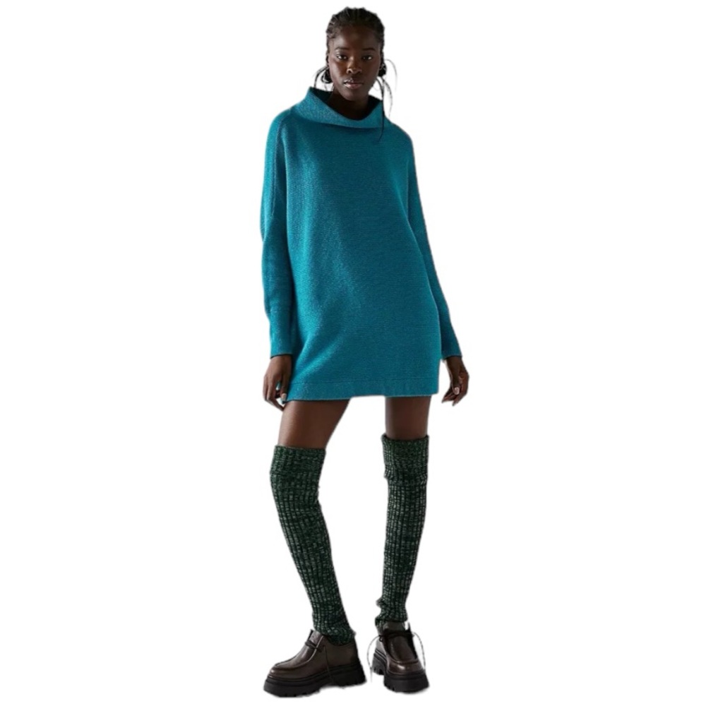 Free People Electric Teal Ottoman Slouchy Tunic Mock Neck Ribbed Knit Sweater